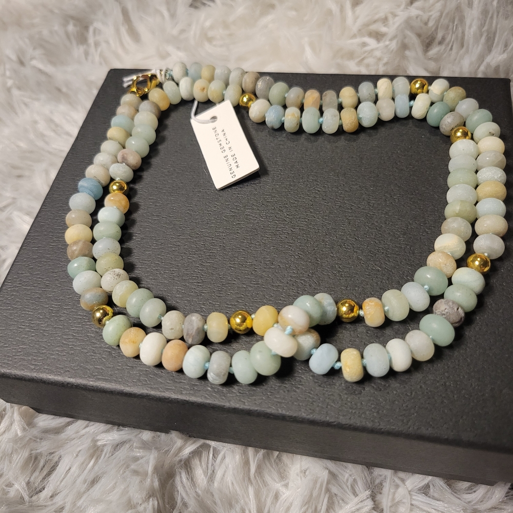 Genuine Gemstone Long Beaded Necklace – Amazonite Style w/ Gold Accents (A012)